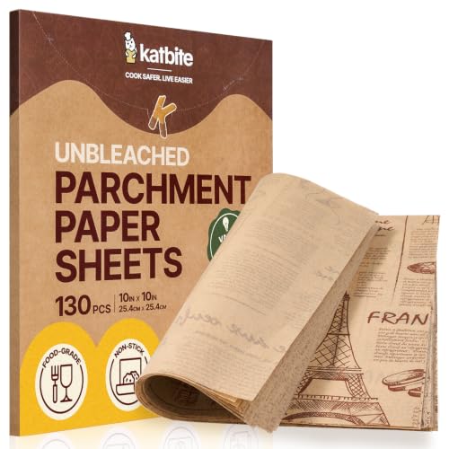 Katbite 130Pcs 10 Inch Sandwich Wrapping Paper, Heavy duty Deli Paper, Greaseproof & Non-stick Parchment Paper, Pre-cut Unbleached Parchment Paper is Perfect for Wrap Bread, Burger and Sandwich - size: 10x10 Inch 130 Pcs