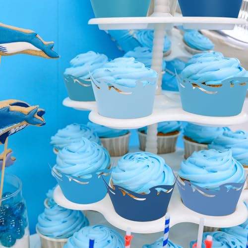 FYSUIMU 36Pcs Ocean Wave Cupcake Wrappers Gradient Blue Sea Wave Cupcake Liners Decorative Dessert Holders for Summer Ocean Party Cake Decoration