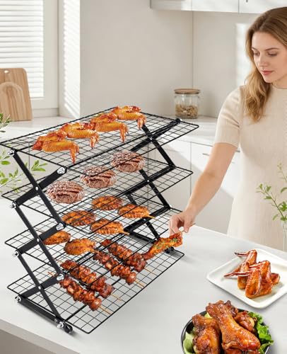 4 Tier Collapsible Cooling Rack, 2/3/4-Tier Upgraded,Adjustable ＆ Stackable Baking Rack, 5 Modes Cooling Racks for Cooking and Baking, Roasting ＆ Grilling Gifts for Picnic Party - color: A4-Black