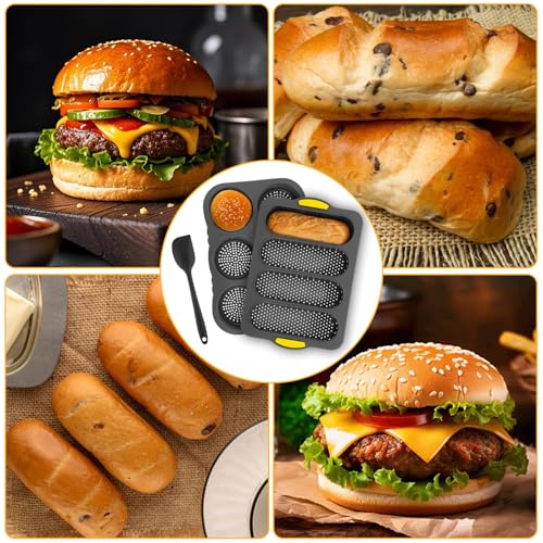 3 Pcs Silicone Baguette Pan and Hamburger Bun Pan Set, Non-Stick Hamburger Bun Mold for Baking with Scraper, 4 Wave Silicone Baguette Bread Pan Set & 6 Cup Silicone Hamburger Bun Mold