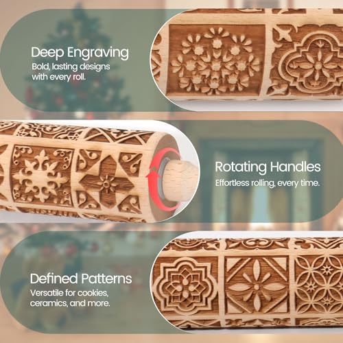 Christmas Embossed Rolling Pin for Baking Cookies Embossing Rolling Pins with Design Wooden Engraved Springerle Roller Pin Dough Patterned Clay Pottery Ceramic Bakers Women (Vintage Square Patterns) - color: Vintage