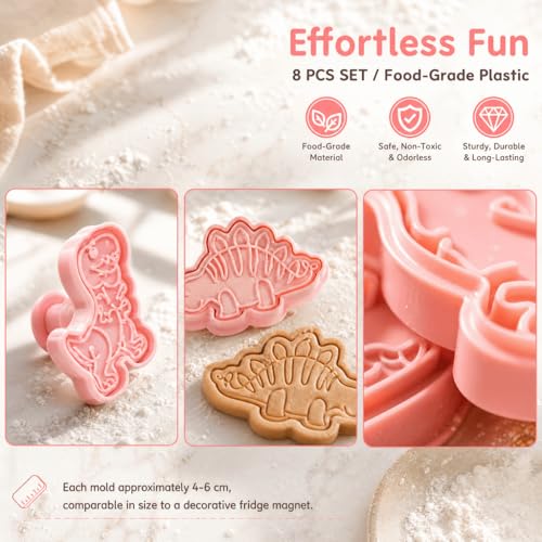 8 Piece Dinosaur Shape Cookie Cutter Set with Plunger Stamper,3D Embossed Pink Plastic Biscuits Cutters for Fondant and DIY Desserts Baking