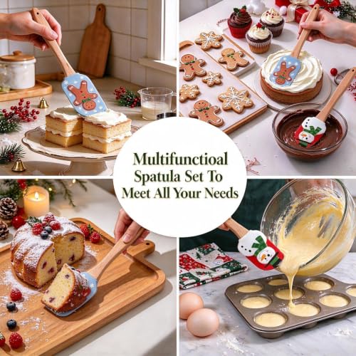 4 PCS Christmas Silicone Spatula Set with Wooden Handle for Baking - size: 4PCS Christmas