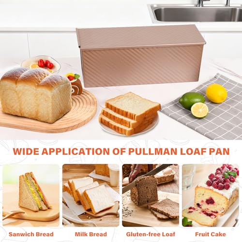 Pullman Loaf Pan with Lid 13x4 Inch, 2.2lb Dough Capacity for Homemade Bread, Non-stick Corrugated Carbon Steel Bread Toast Box with Cover for Bakeware, Sandwich & Toast Oven Baking, Gold - size: 2.2 lb