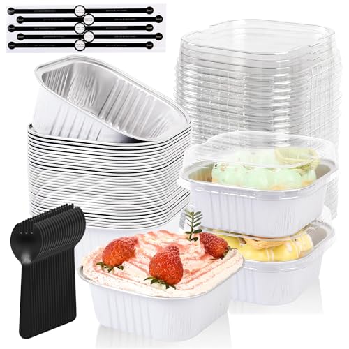 100 Pcs Mini Cake Pans with Lids, 5oz Square Aluminum Foil Brownie Baking Cups, Dessert Cupcake Cups with lids, Disposable Loaf Pans Cupcake for Wedding Birthday Party (White) - color: White, size: 5 OZ