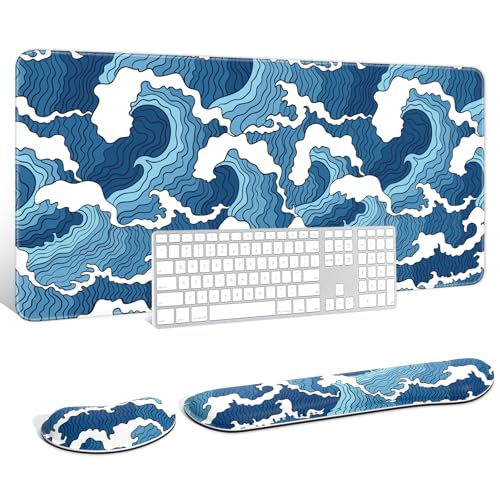 Large Mouse Pad with Wrist Rests for Keyboard & Mouse, Thick Soft Ergonomic Memory Foam Wrist Supports, Big & Long Desk Mat 35.5 x 15.7 in, for Office Gaming Computer, Blue Wave - color: Blue Japanese Wave