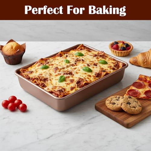 3 Pack Gold Rectangle Deep Baking Pans Set for Oven Heavy Duty Nonstick Cake Pans Baking Oven Tray for Cookie Brownie Cake Bread, 11x9x2 & 8.6x6.6 Inches, Easy Clean