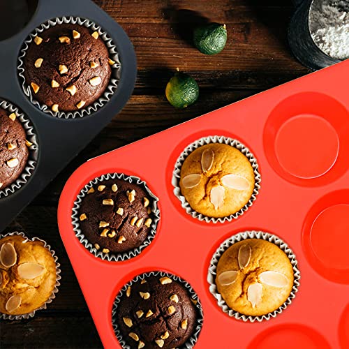 Silicone Muffin Pan Set,2 Pcs 2.8" 12 Cups Egg Bite Mold,Non-Stick,Easy Release,For Egg Muffins, Cupcakes, Large Muffins,Pizza Muffins,Cheesecakes(Black + Red) - size: 2PCS:Red + Black(2.8")