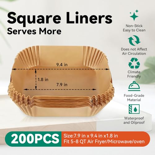 Koja 200-Pack Square Air Fryer Liners 8" - Parchment Paper Basket Liners - size: 8" Square 200-Pack