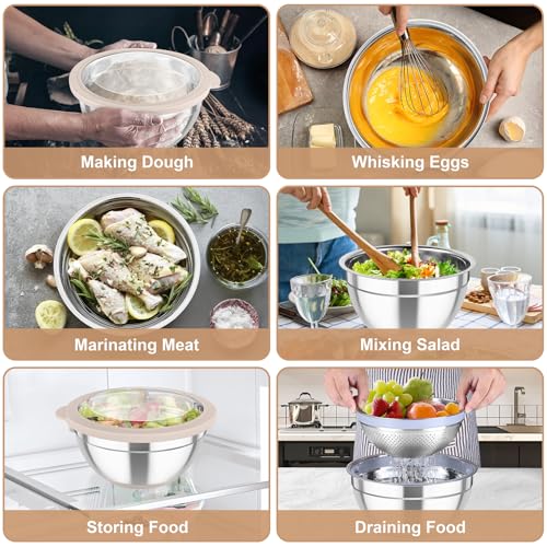 TeamFar Mixing Bowls with Colander, Stainless Steel Salad Bowls, Khaki - color: Khaki