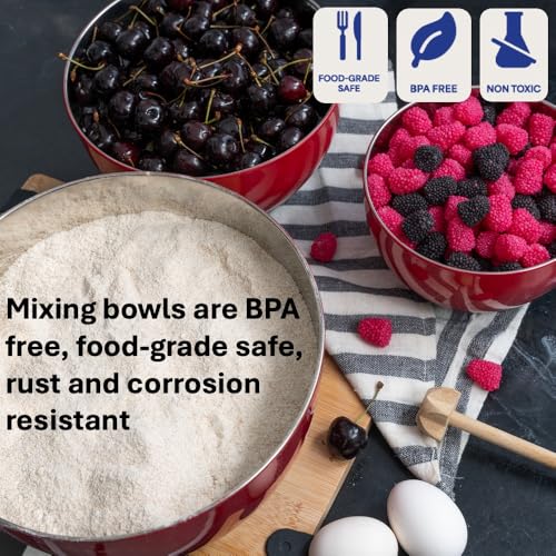 WHYSKO Stainless Steel Mixing Bowls Set, 3-Piece with Silicone Base - color: Red