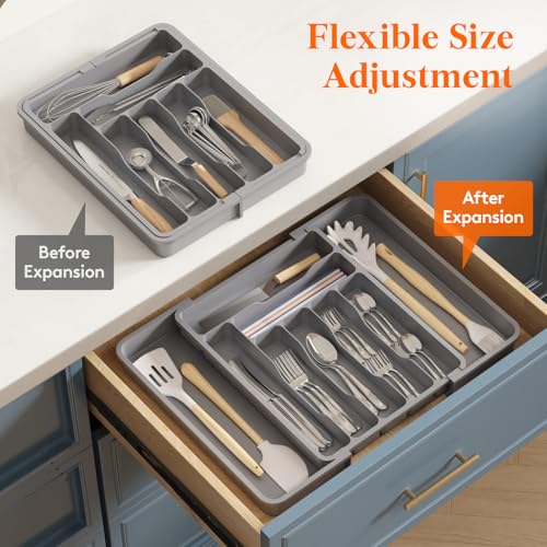 Lifewit Expandable Silverware Drawer Organizer, Kitchen Utensil Tray - color: Gray, size: Large Deep（11.8-19.6'W x 15''D）