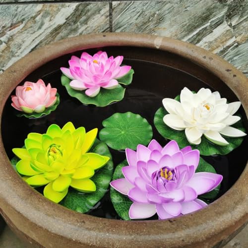 9PCS Artificial Floating Foam Lotus Flowers with Artificial Lotus Leaves: Lily Pads for Lake - Pond Plants Ornaments for Pool Aquarium Water Decoration, White