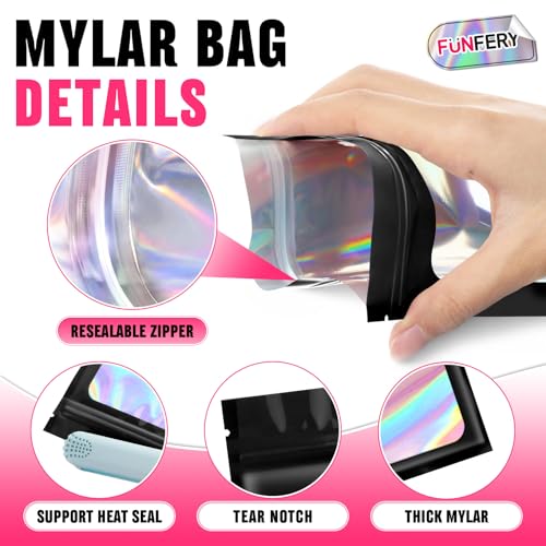 Funfery 300 Pack 3 Size Mylar Holographic Bags with Clear Window,Black - color: Black, size: 5.5x7.9+6.3x9.4+7x10 Inch