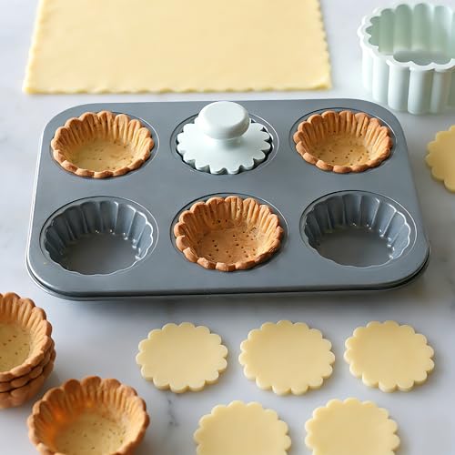 Tart Cutting Mold Set, 4 inch Fluted Round Cookie Cutter Round Double Cut and 2.5 inch Tart Tamper Plastic, Biscuit Cutter for Making Egg Tarts, Fondant Cakes(Baking Tray Not Included)