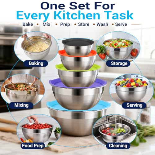 WEPSEN Mixing Bowls with Lid Set, 25PCS Kitchen Utensils Metal Bowl Stainless Steel Nesting Bowls, Measuring Cups and Spoons, Egg Whisk for Baking Prepping Cooking Serving Supplies - color: Colorful Bowls Set