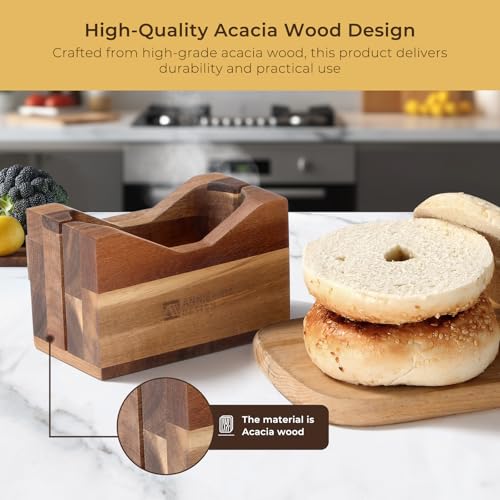Annie & Mia Design Premium Acacia Wood Bagel Slicer For Large Bagel Stylish Hand Crafted Wood Bagel Cutter With Ergonomic Designed Handle Grip
