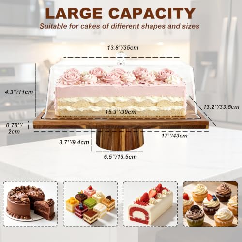 OUEST 17” Rectangular Acacia Wood Cake Stand with Shatterproof Acrylic Lid