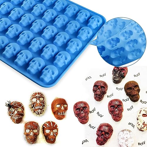 Sidosir 4Pcs Gummy Skull Chocolate Molds, Gummy Skull Candy Molds, Non-stick Silicone Candy Molds with 2 Droppers