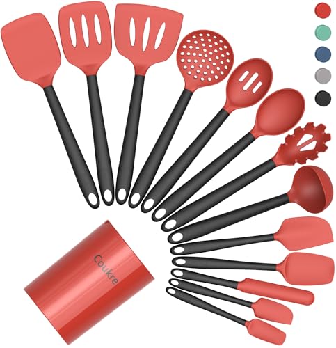 Coukre Silicone Kitchen Cooking Utensils Set, Heat Resistant, 14-Piece - color: Red