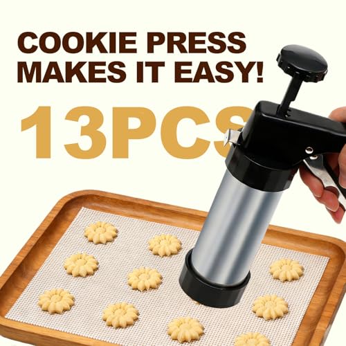 Stainless Steel Cookie Press Gun Kit: 13 Discs + 8 Piping Tips, for DIY Cake Decorating & Baking Supplies