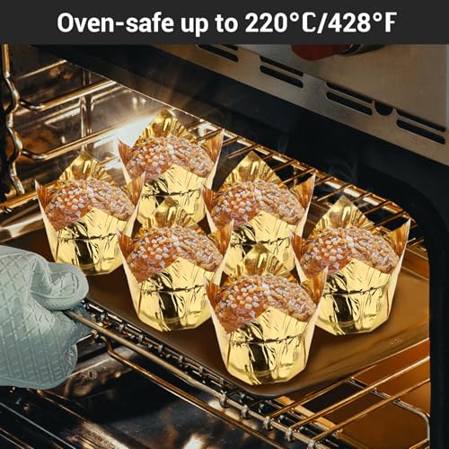 EUSOAR Disposable Baking Cups, 3.5 Ounce 100pcs Gold Tulip Aluminum Foil Cups, Aluminum Cupcake Pan Ramekin Tins - color: Gold, size: 3.5oz, 100pcs