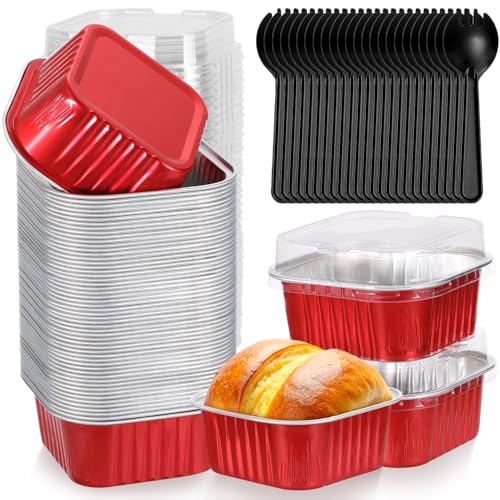 selizo 60 Pack 10oz Mini Disposable Cake Pans with Lids, Aluminum Foil Square Baking Cups, 4.4x4.4 Large Baking Cake Tins Cup Cake Containers with Lids for Individual Cakes - color: Red, size: 10oz
