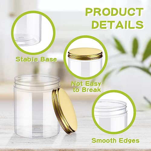 Irenare 24 Pcs 16oz Plastic Jars with Lids, Clear Wide Mouth Airtight Mason Jars Food Storage Containers for Cake, Dried Fruit, Honey, Nuts, Scrubs Cream, Kitchen & Craft(Golden Lids) - color: Golden