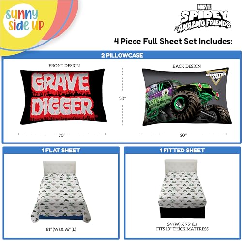 Sunny Side Up Monster Jam Grave Digger Full Sheet Set - 4 Piece Kids Bedding Set Includes Pillow Cover - Super Soft Microfiber Sheets - color: White - Monster Jam, size: 4 Piece Full