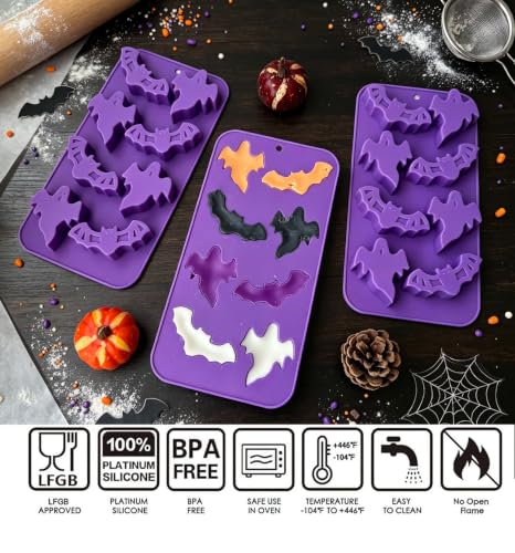 3Pcs Halloween Silicone Mold Ghost Bat Shapes Chocolate Candy Molds - color: Purple