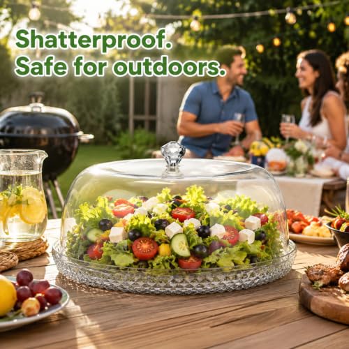 AVLA Acrylic Cake Plate with Dome, 13 Inch Cake Stand with Cover, Diamond Pattern Serving Platter with Lid for Display, Party, Entertaining, Diamond Shaped Handle