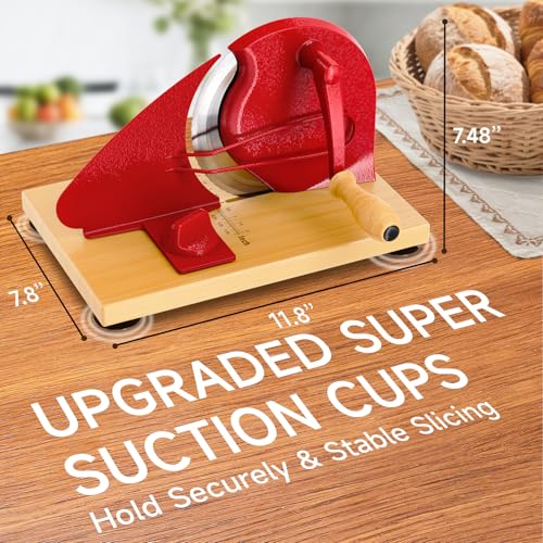 (Upgrade) Manual Bread Slicer for Homemade Bread, Sourdough Bread Slicer With Hand Crank, Scale Line and Suction Cup, Serrated Blade, Adjustable Thickness, Evenly Slicing - color: Bright Red