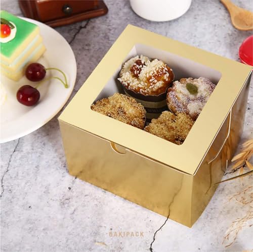 25 Gold Bakery Boxes with Window, 5x5x3.5 Inches Cake Boxes - color: Gold