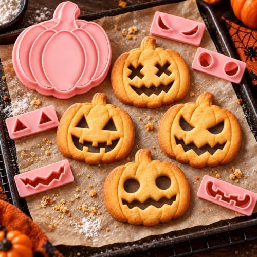 Pumpkin Face Cookie Stamps Set, 10 Pieces 3D Pressable Cookie Cutters - color: Pumpkin