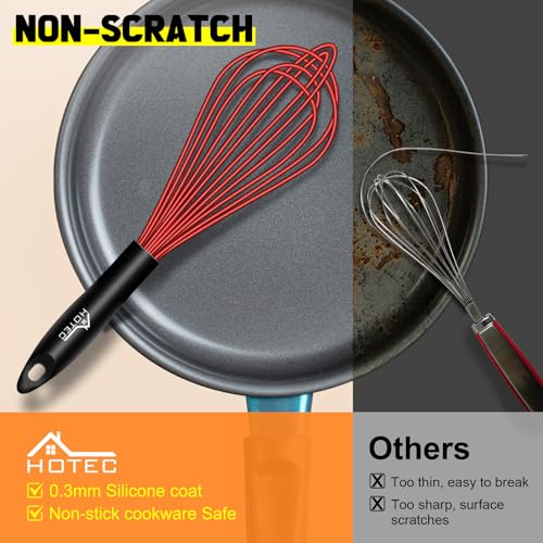 HOTEC 4Pcs Silicone Whisk Set, Wire Balloon Whisks for Cooking Egg Beater - color: Red