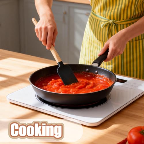 5 Piece Silicone Spatula Set with Wooden Handle, High Heat Resistant Non Stick Kitchen Spatulas, BPA-Free Food Grade Silicone Utensils for Cooking Baking Mixing Jar Scraping, Black