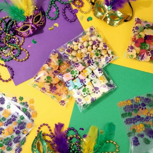 Pasimy 200 Pcs Dog Paw Treat Bags, Clear Self Adhesive Mardi Gras Color - color: Mardi Gras Color