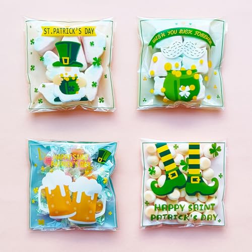 Jagrove 100PCS Cellophane Bags 4X4 Inch Green Lucky Shamrock Self Sealing Goodie Candy Cookie Snack Treat Bags for St. Patrick’s Day Irish Party Supplies Bakery - color: St. Patrick A, size: 100 Count (Pack of 1)