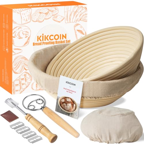 Kikcoin 9" & 10" Banneton Bread Proofing Basket Set, Round Banneton Basket for Sourdough Baking, Baking Supplies with Linen Liner, Bread Lame & Dough Whisk, Sourdough Proofing Tools - size: 9" Round & 10" Round