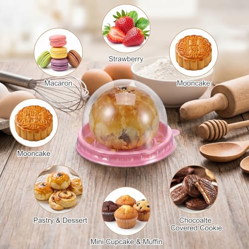 200 Set Mini Cupcake Boxes, 2.76x2.76x2 inch Clear Plastic Container Box with Pink Base & Dome Lid for Muffin, Pastry, Dessert, Mooncake, Wedding Birthday Party Supplies