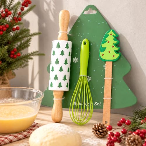 3-Piece Christmas Baking Set, Silicone Spatula Whisks Rolling Pin - color: 3-Piece Christmas Baking Set