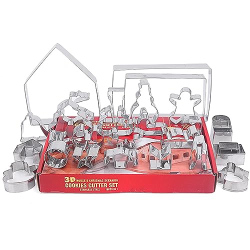3D Christmas Gingerbread House Cookie Cutters Set, FantasyDay 28 Pcs 430 Stainless Steel Cartoon Snowflake Biscuit Cutter Pastry Mold for Holiday Birthday Cake Dough Donut Fondant - Baking Dough Tool - color: #4