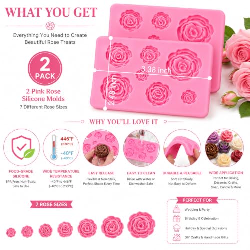 2 Pack Rose Flower Silicone Molds, Food Grade Non-Stick Molds for Cake Chocolate Mousse Jelly Fondant Sugarcraft Wedding Party Baking - color: 2PCS Rose Flowers