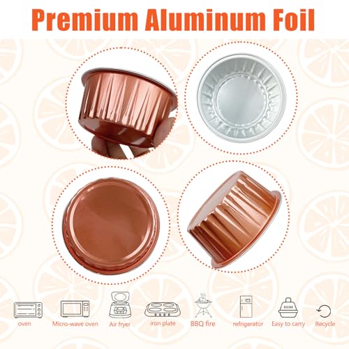 100Pcs Aluminum Cups with Lids,5oz Disposable Ramekin Baking Cups Muffin Liners Mini Pie Pans Foil Cupcake Containers for Christmas Party Wedding Party,Orange - color: Orange