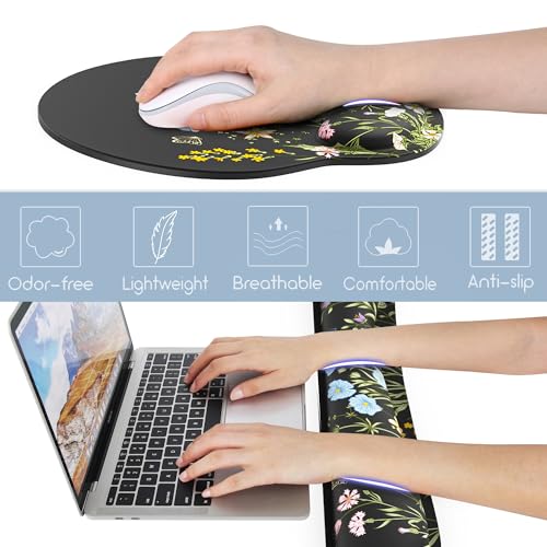 Ergonomic Mouse Pad with Wrist Rest and Keyboard Wrist Rest, Mousepad - color: Black Floral