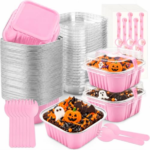 NPLUX 50 Pack 5oz Halloween Mini Cake Pans with Lids for Parties, Pink Foil - color: Pink, size: 5 OZ