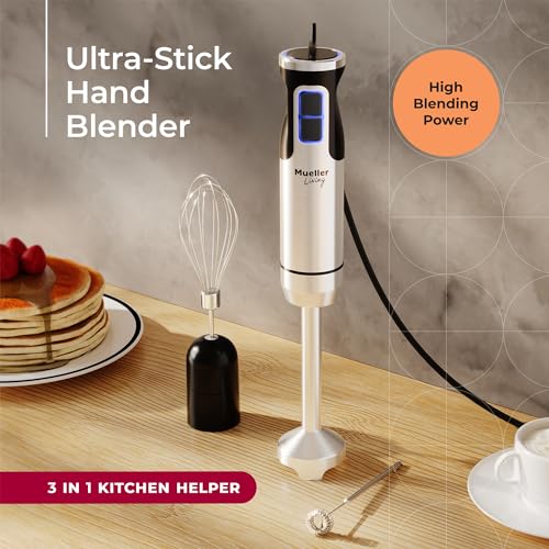 MuellerLiving Ultra-Stick Immersion Hand Blender, 500W Heavy Duty Motor, 8-Speed Turbo Setting, Includes Blending Shaft, Whisk, Milk Frother & Measuring Beaker - size: Blender Stick with 3 Accessories