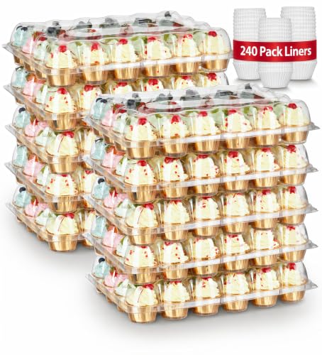 Gencywe (24 Pack x 10 Sets) Stackable Cupcake Carrier Holders with 240 Pack Cupcake Liners, Plastic Cupcake Boxes Holders for 24 Cupcakes, High Tall Dome Lid Cupcake Containers, Clear Cupcake Trays