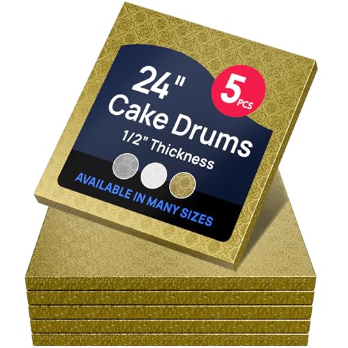 O’Creme Cake Board, Gold Foil Square Cake Drum with Gorgeous Design, Sturdy & Durable 1/2” Thick Cake Drums, Square Cake Boards 24” x 24” Inch, Pack of 5 Disposable Cake Drums - color: Gold, size: 24" x 24"