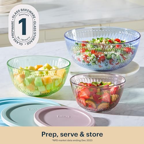 Pyrex Colors (3-Pack) Sculpted Tinted Glass Mixing Bowls with Plastic Lids - color: Pink, Green, Blue, size: 3-Pack, Small/Medium/Large, With Lids